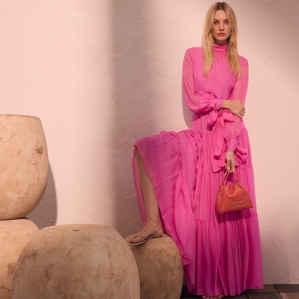 Carolina Herrera Vibrant Pink Tiered Maxi Dress with Sash-NWOT